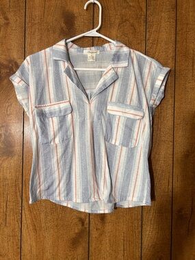 Passport Blue and White Striped Short Sleeve Blouse with Coral Stripes